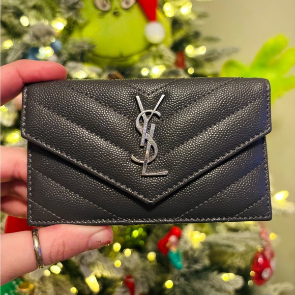 Saint Laurent Handbags - Saint Laurent YSL Dark Gray Quilted Leather Card Holder Flap Wallet NEW W/ COA